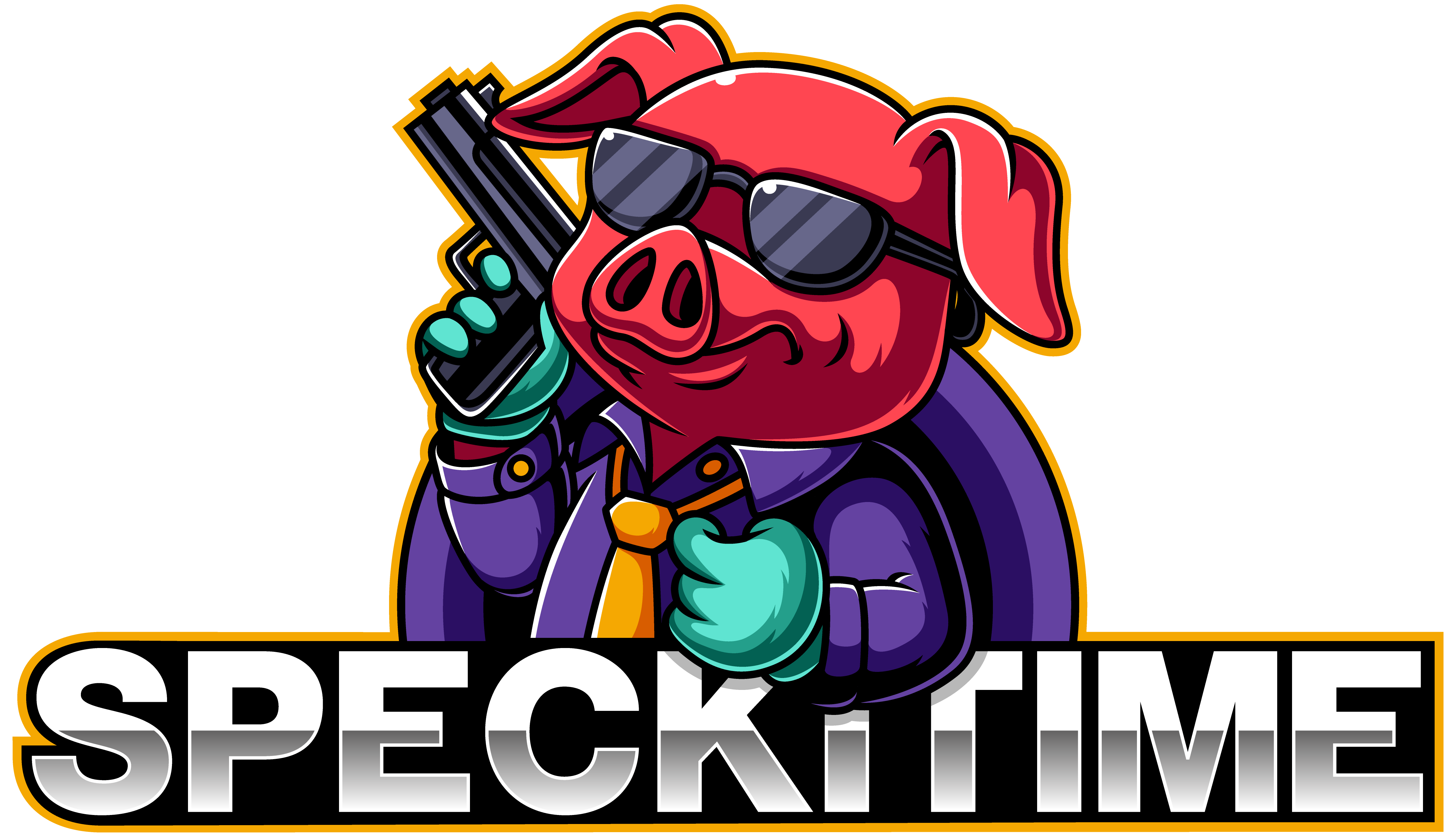 SpeckiTime Maskottchen – ein Gangster-Schwein im Anzug mit Sonnenbrille
